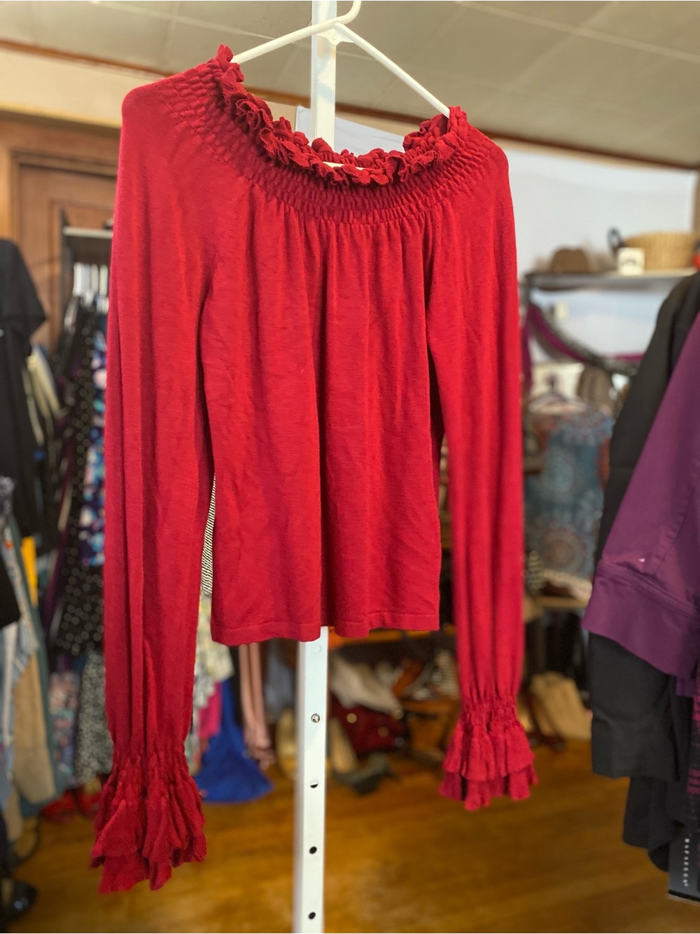 Max Studio Red Smocked Ruffle Long-Sleeve Top